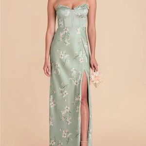 Birdy Grey Pastel Green Floral Satin Spaghetti-Strap Gown